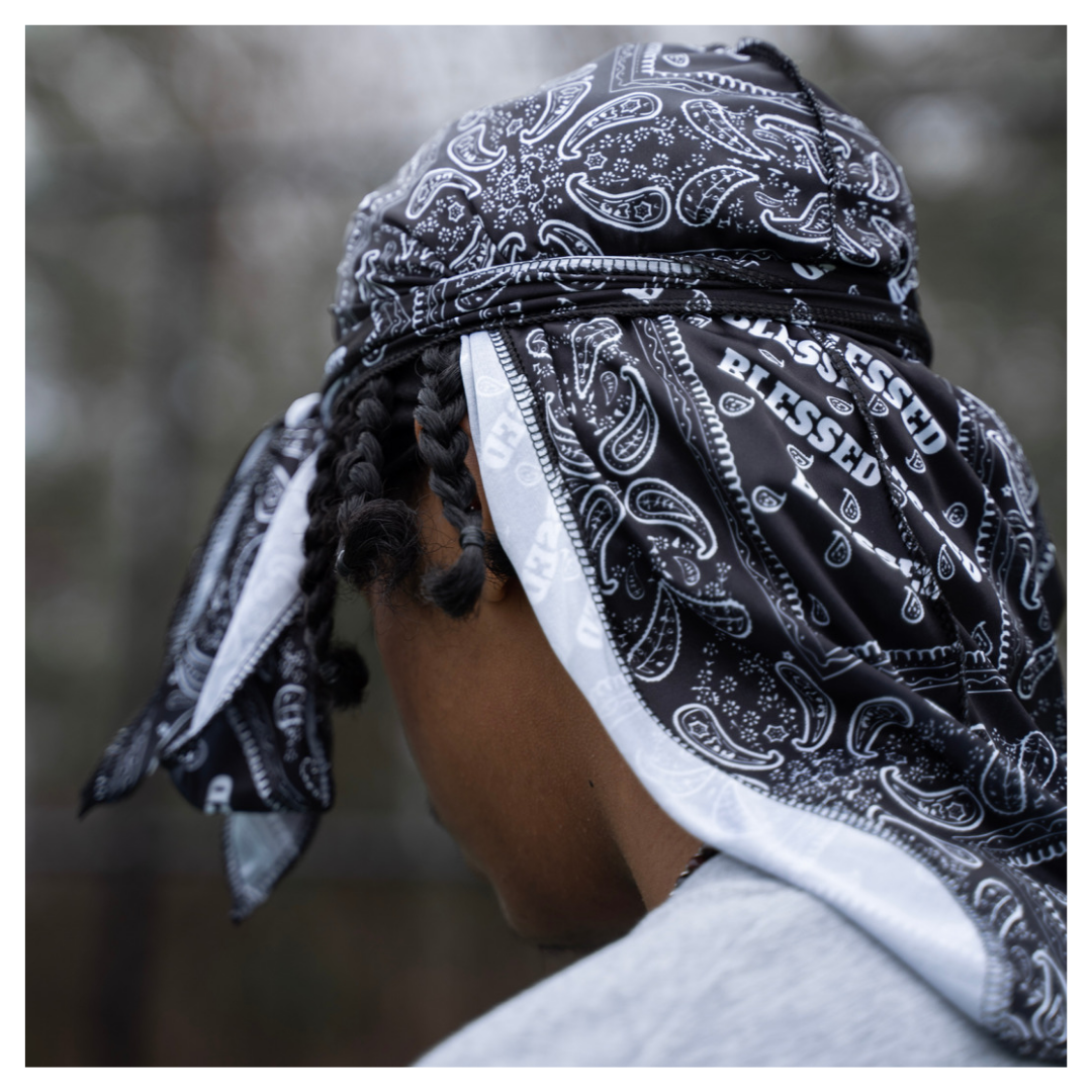 Black "Blessed" bandana durag