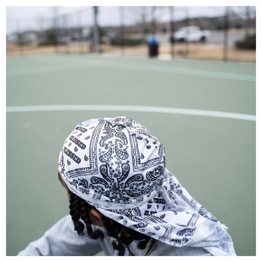 White "Blessed" bandana durag