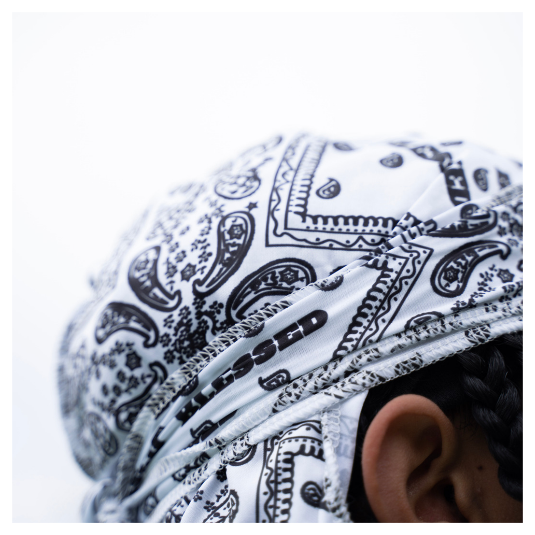 White "Blessed" bandana durag