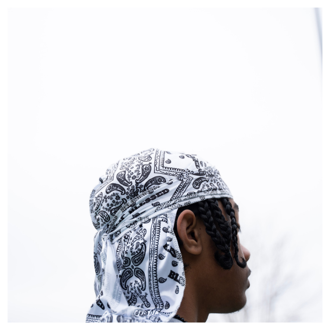 White "Blessed" bandana durag