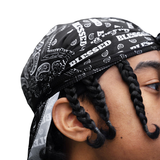 Black "Blessed" bandana durag