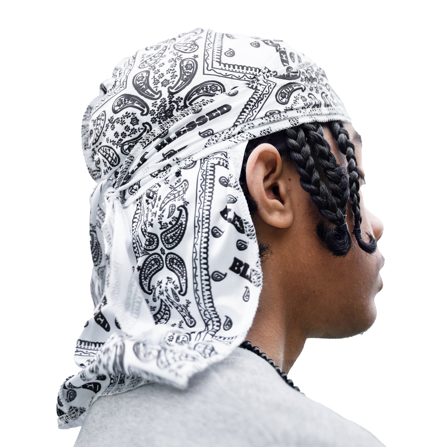 White "Blessed" bandana durag