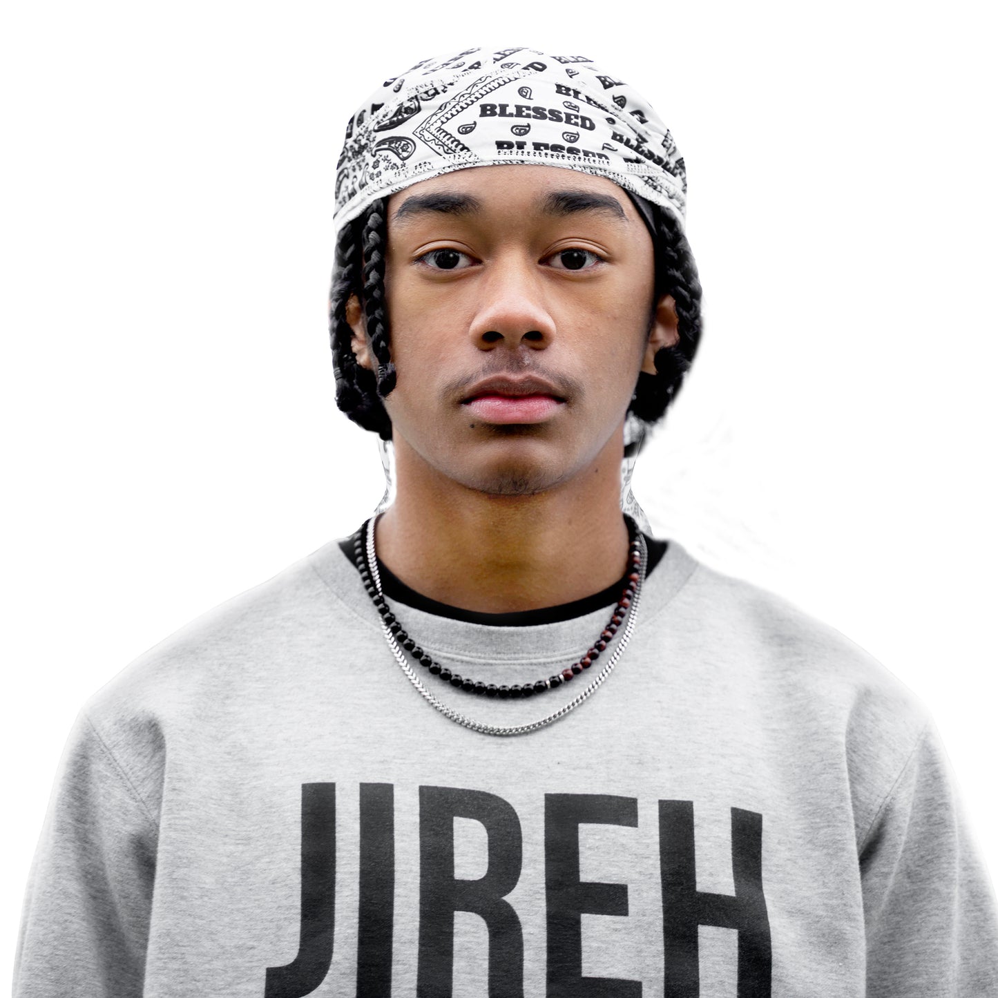 White "Blessed" bandana durag